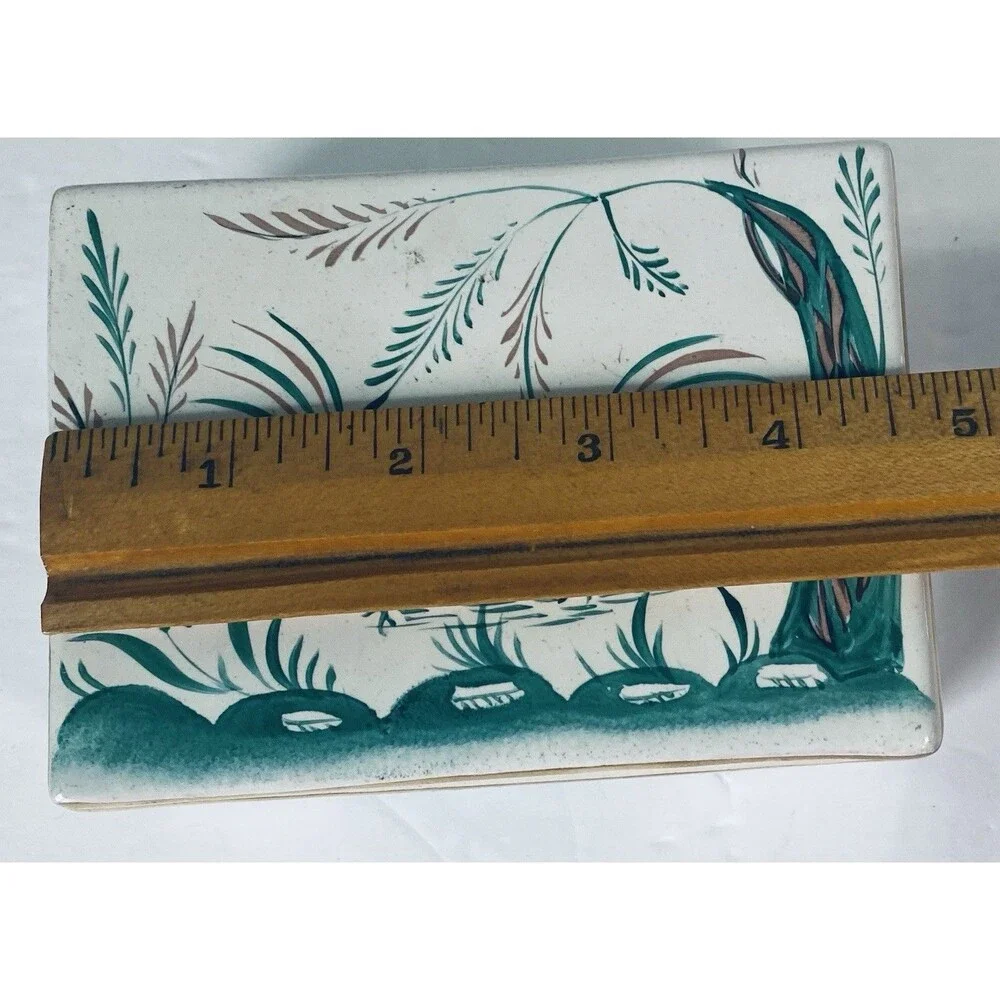 VTG  Porcelain trinket Box Roster  Bird Flower  Green W Gold Trim Italy ARS 792